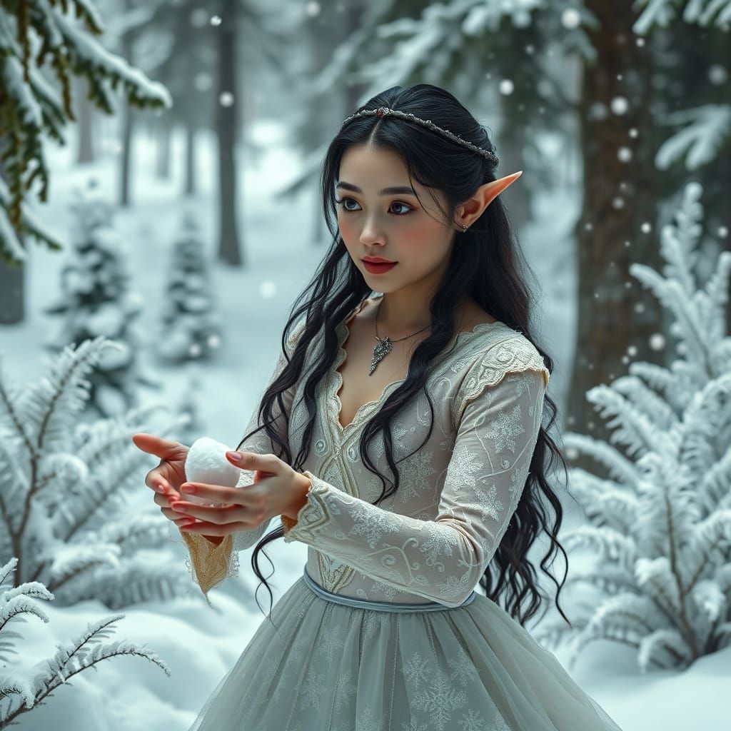 Hyperrealistic Elf Maiden Engages in Snowball Fight in Snowy...