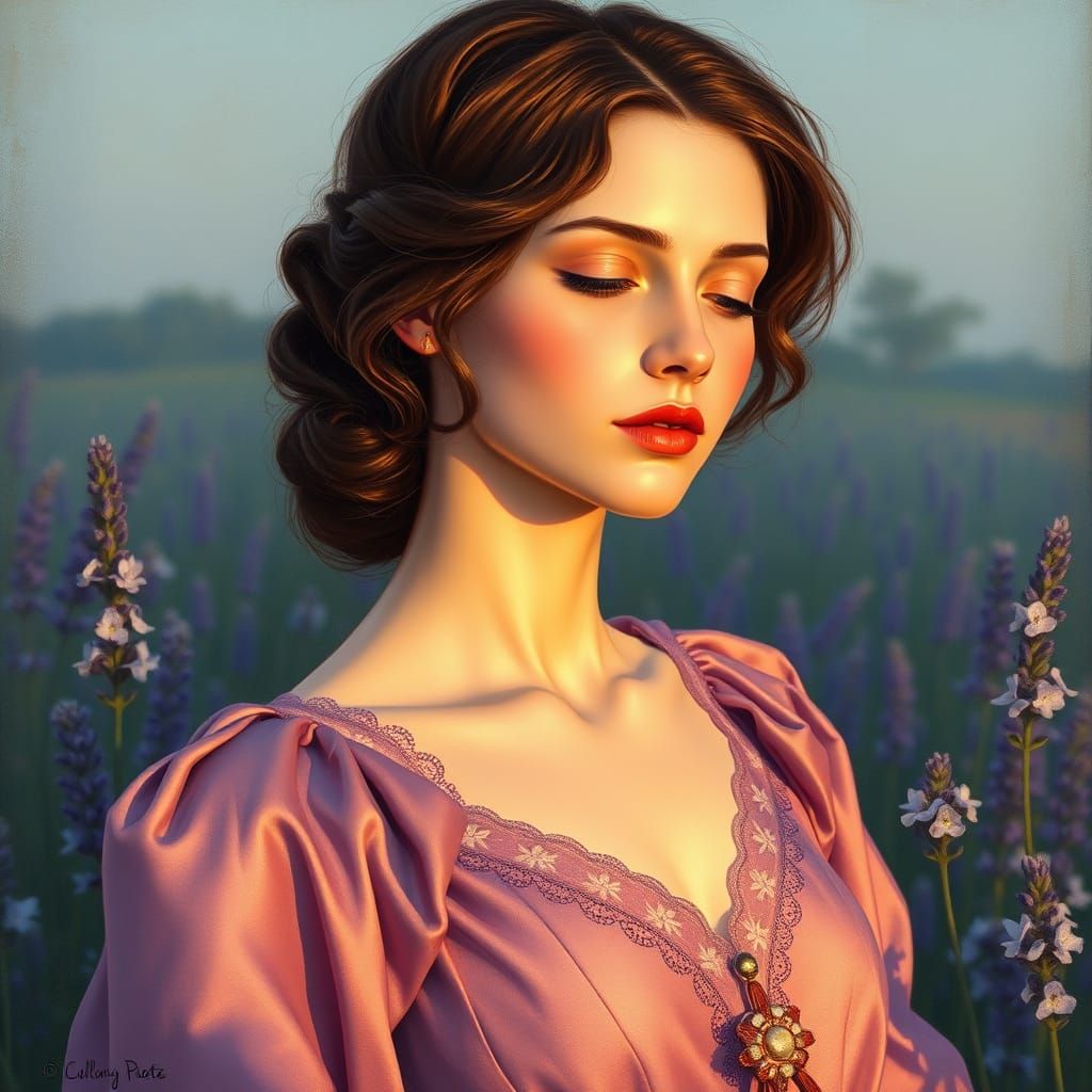 Elegant European Woman Contemplates Lavender Field