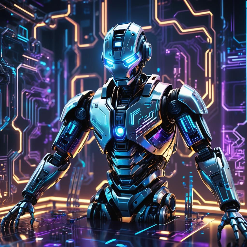 Futuristic Robot in Laboratory with Glowing Circuits