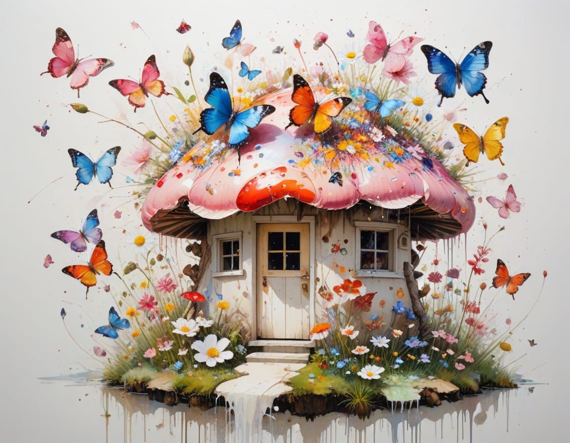 Whimsical Mushroom House with Butterflies and Wildflowers