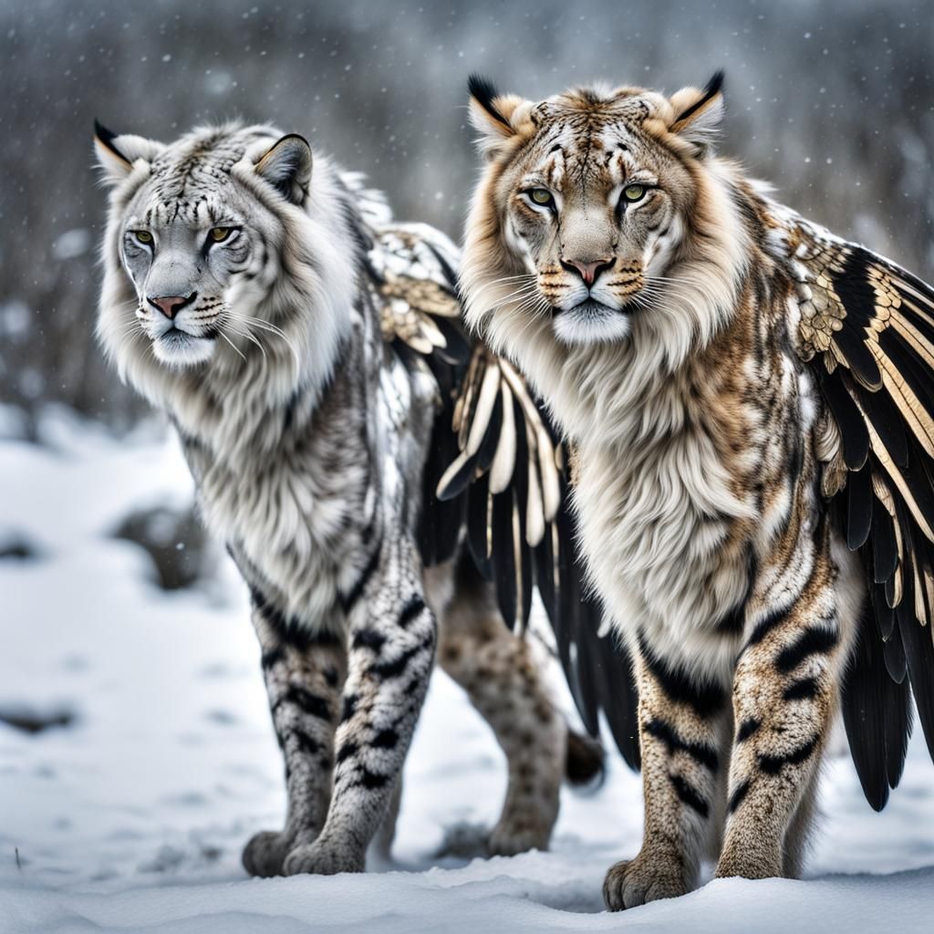 Winged Mystical Tigers in Snow, Hyperrealistic HDR