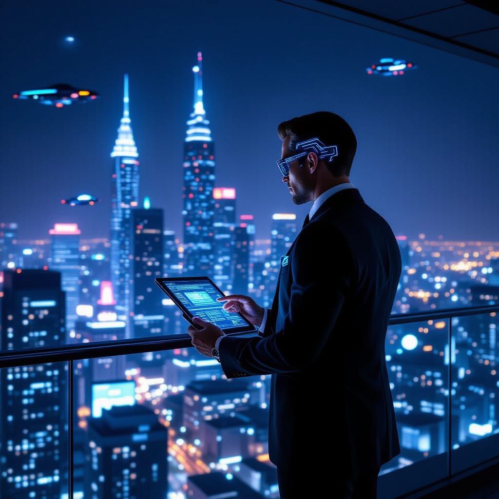 Cyberpunk Executive Overlooking Night City