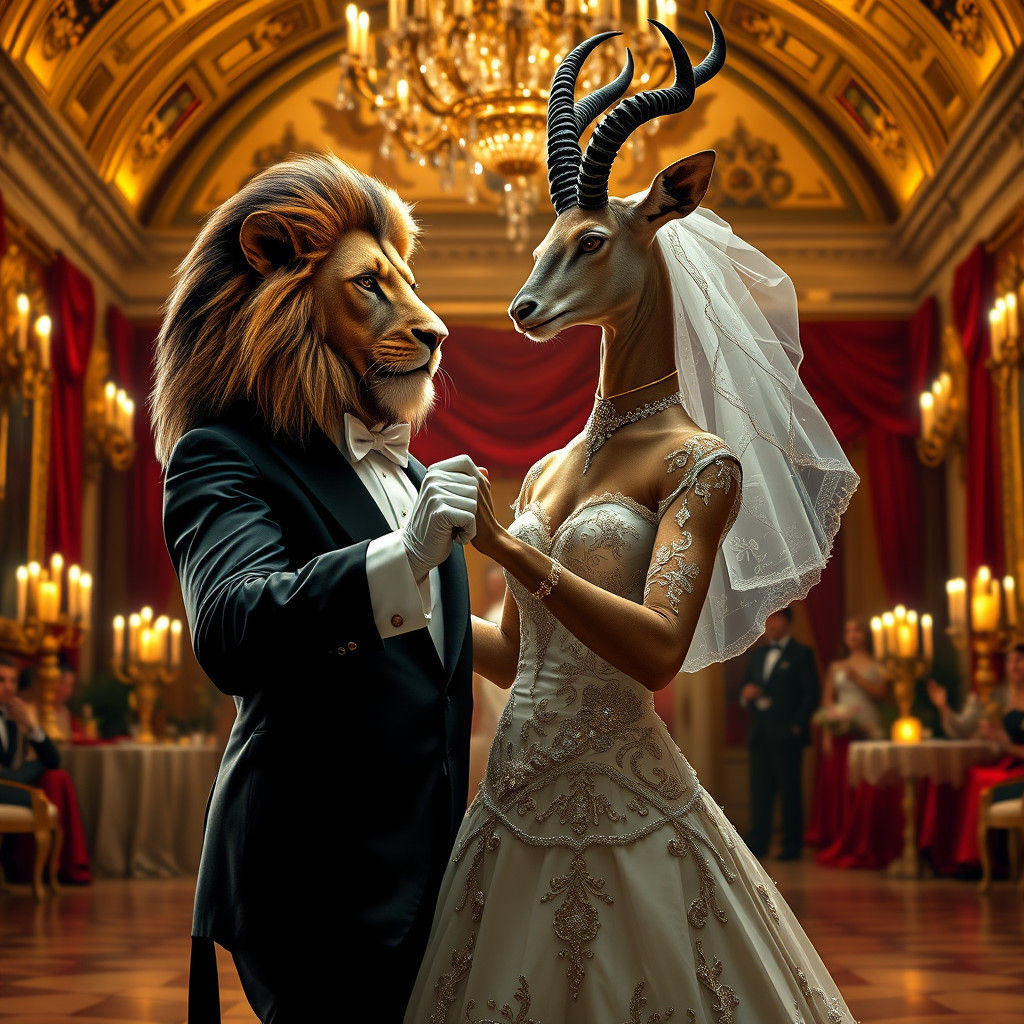 Anthropomorphic Lion Dances With Gazelle in Ballroom