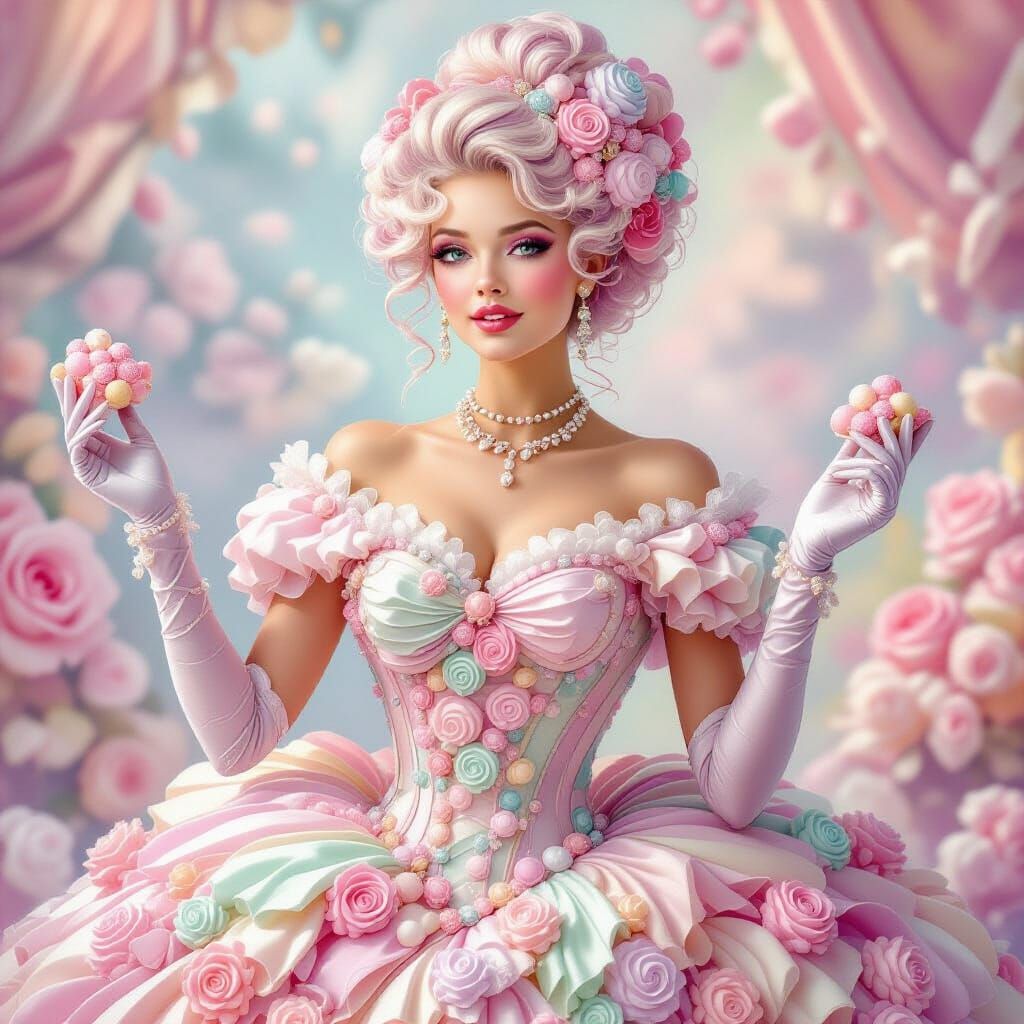 Rococo Duchess of Bonbons in Pastel Dreamscape
