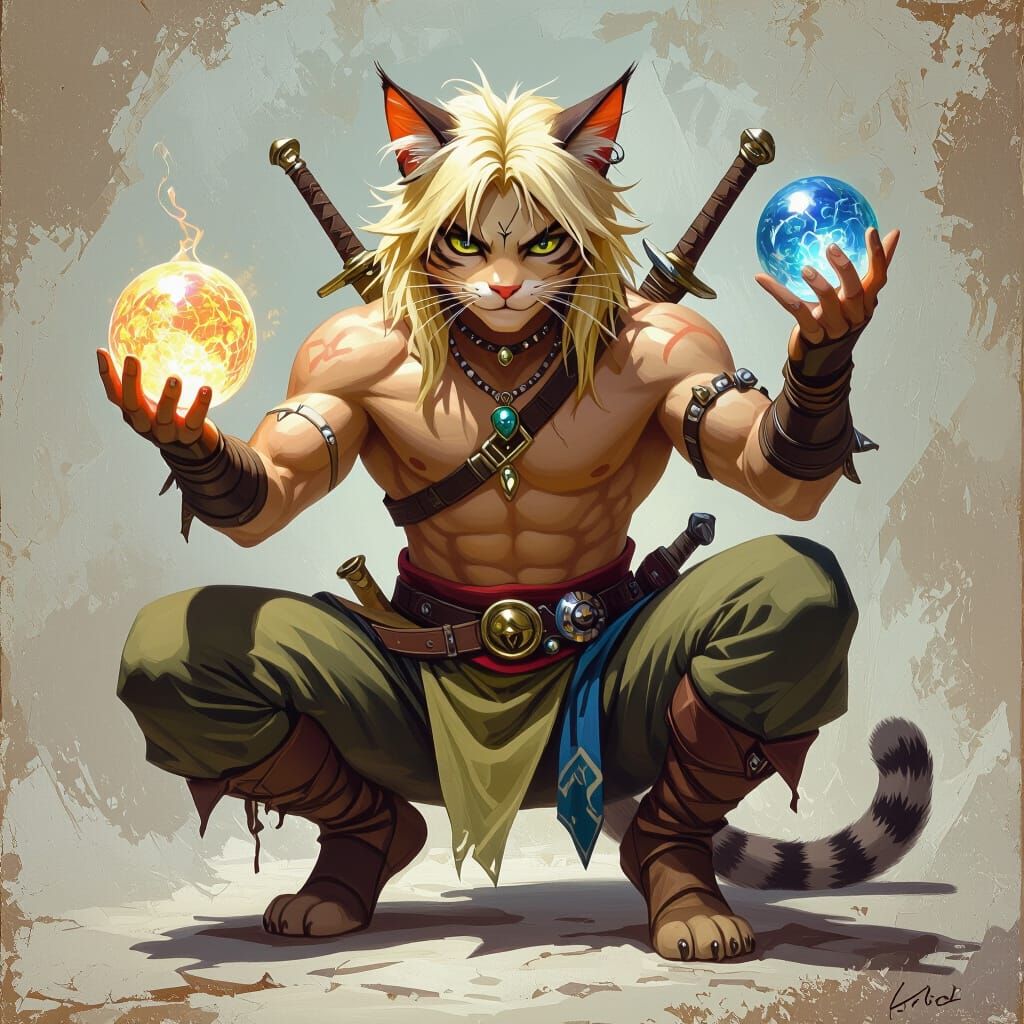 Cat-Human Hybrid Warrior with Magical Orb in Fantasy Style