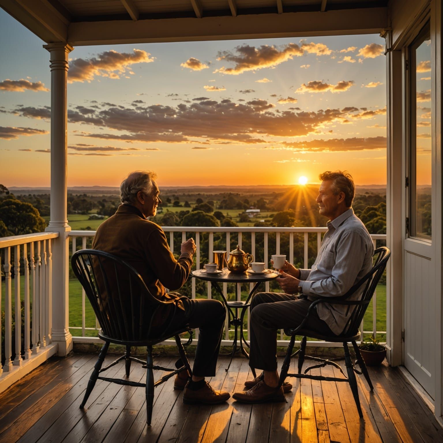 Couple Enjoys Tea on Verandah During Golden Sunset