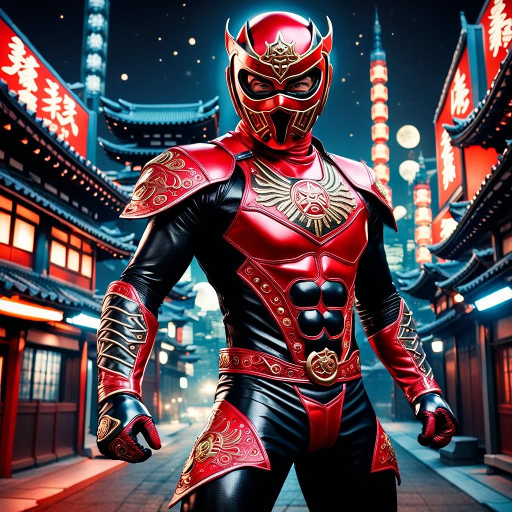 Masked Ninja Hero on Temple in Anime Style