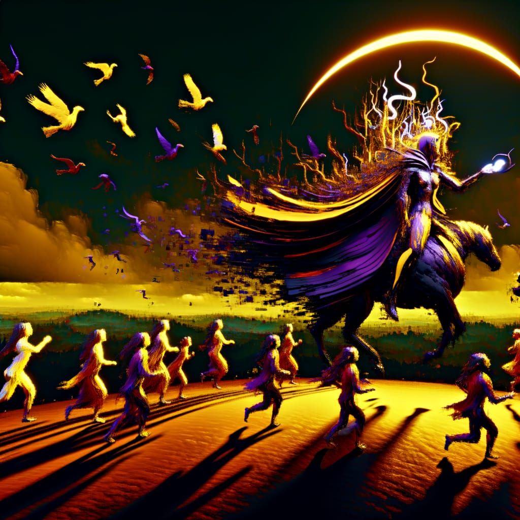 Mystical Dark Fantasy Scene in Vibrant Purple and Yellow Hue...