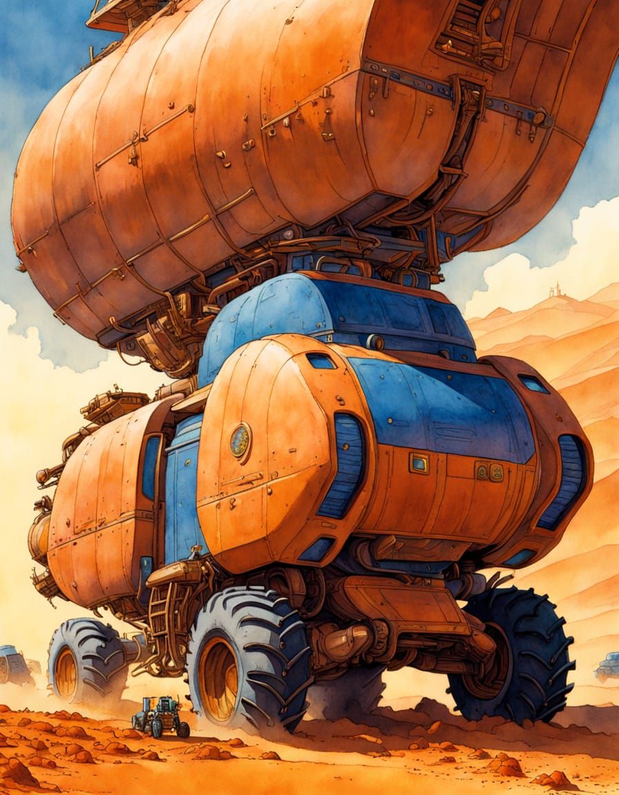 Spice Harvester on Arrakis in Moebius Style