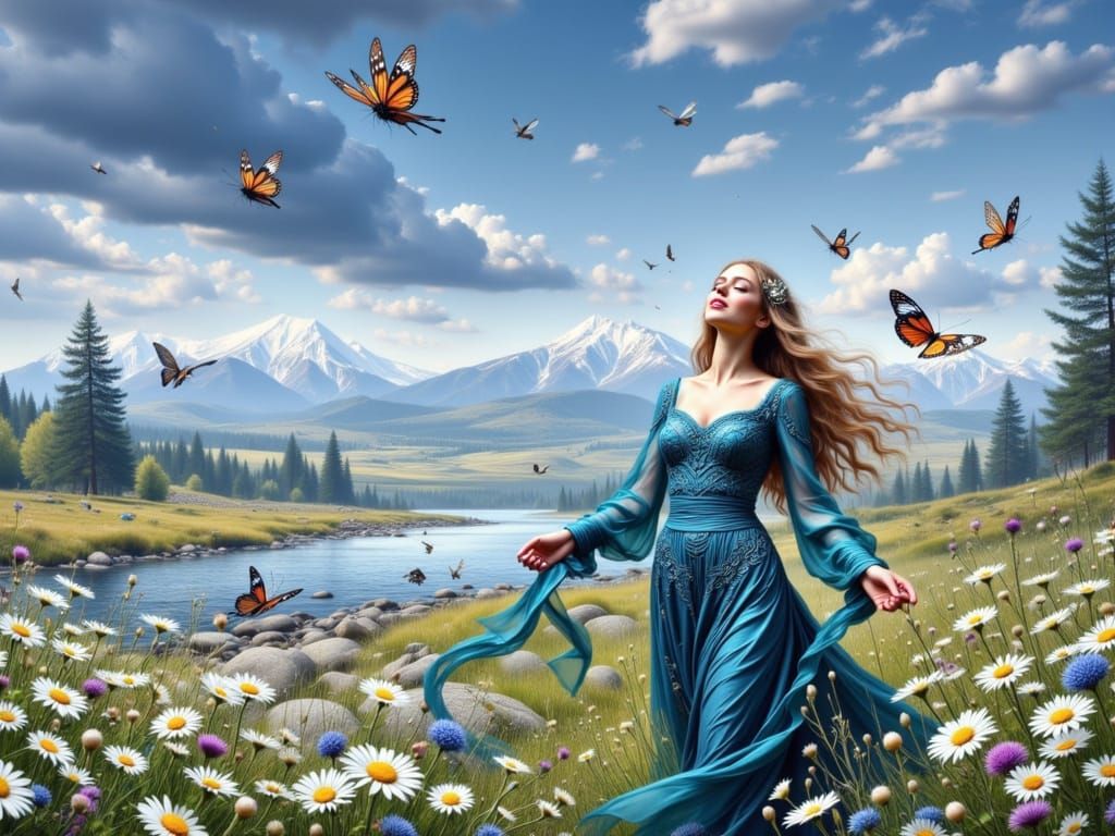 Goddess in Celtic Dress in Spring Landscape, Hyperrealistic