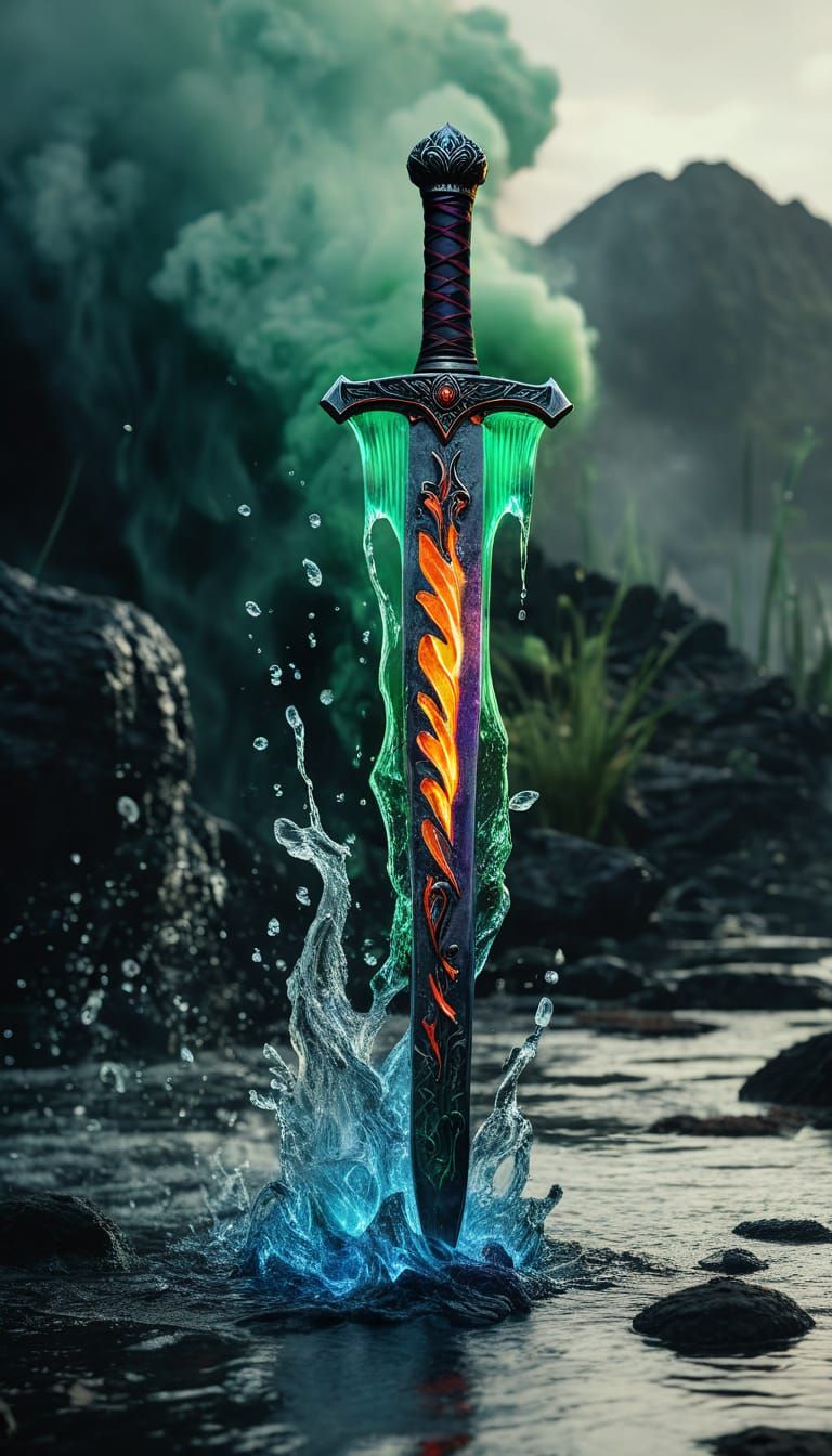 Hyperrealistic Water Sword in Ethereal Flames