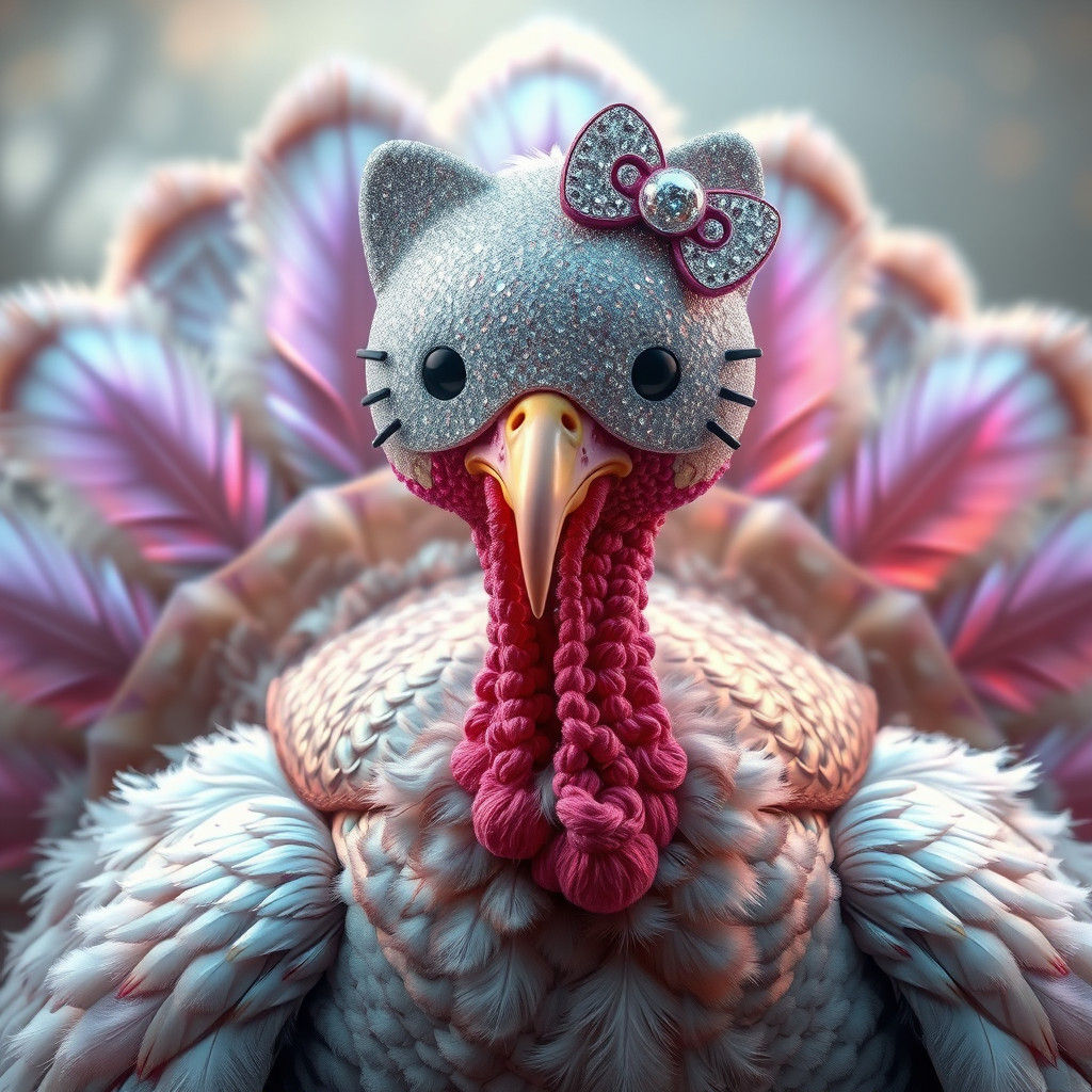 Anthropomorphic Turkey with Hello Kitty Mask in Dreamscape