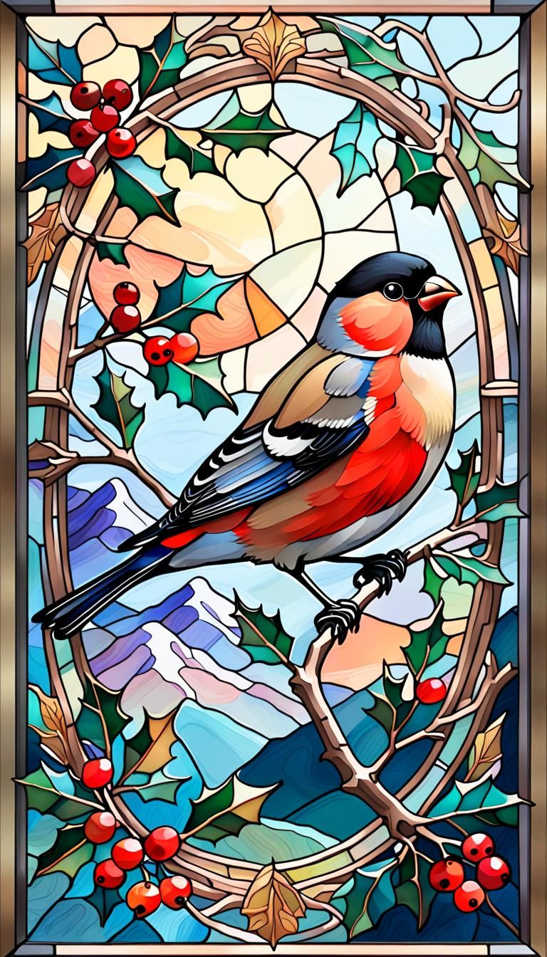 Elegant Stained Glass Artwork of Christmas Bullfinch on Moun...