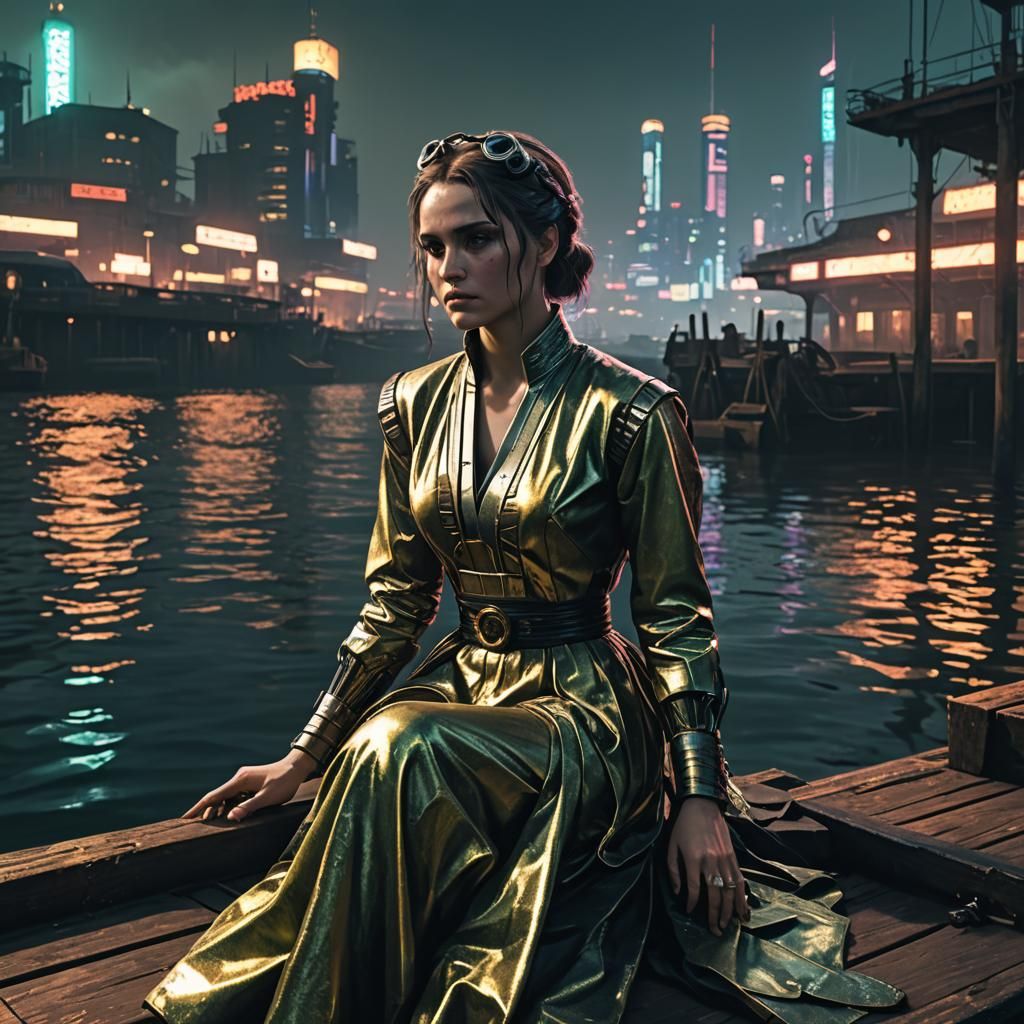 Cyberpunk Victorian Lady on Dock at Night