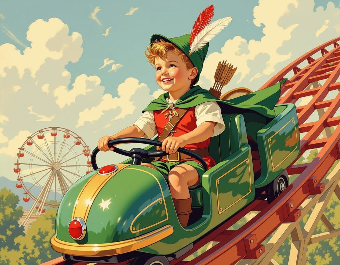 Robin Hood Boy on Rollercoaster in Classic Illustration Styl...