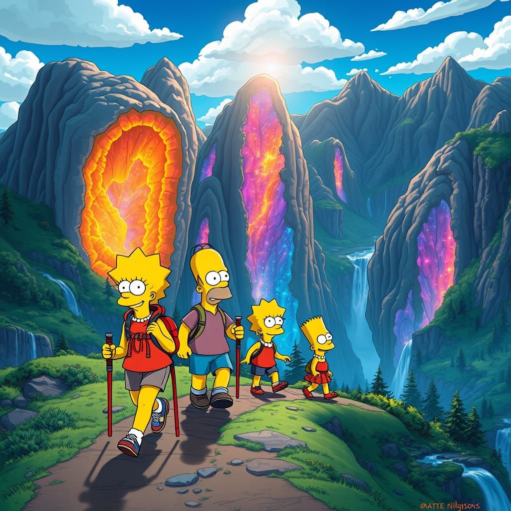 Simpsons Trek Amidst Shimmering High Geodes in Lush Mountain...