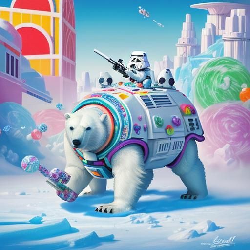 Armored Polar Bear in Candyland: Hyperrealistic Digital Art