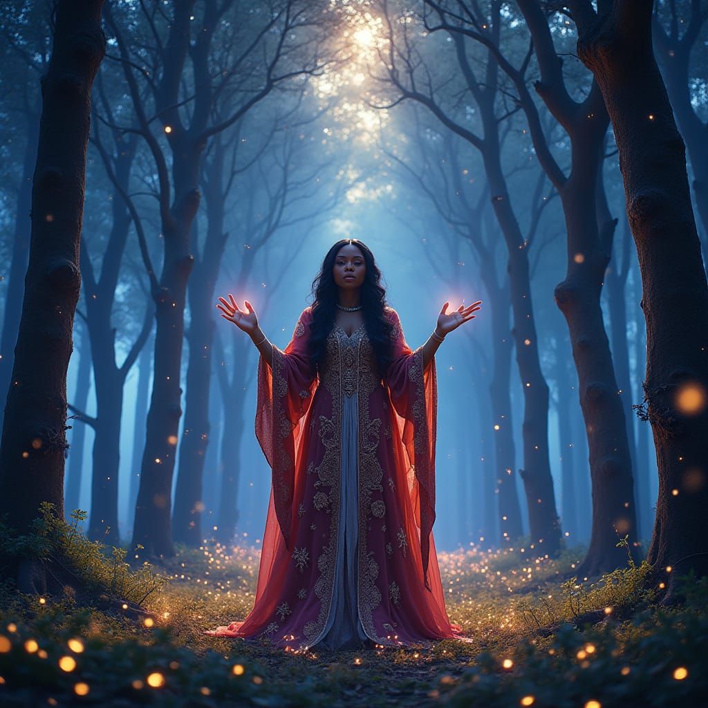 Majestic Woman in Bioluminescent Forest, Art Nouveau Style