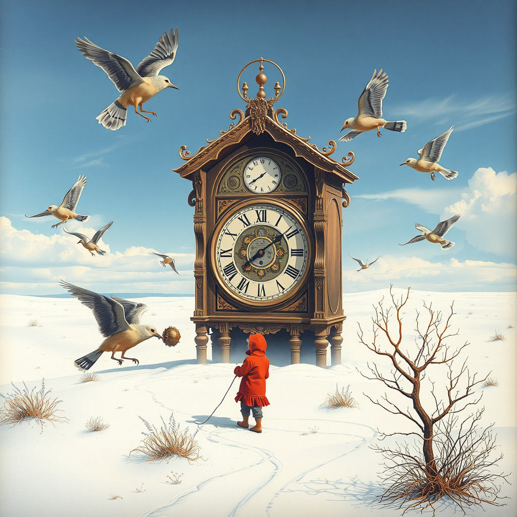 Steampunk Clock Birth in Surrealist Desert Painting