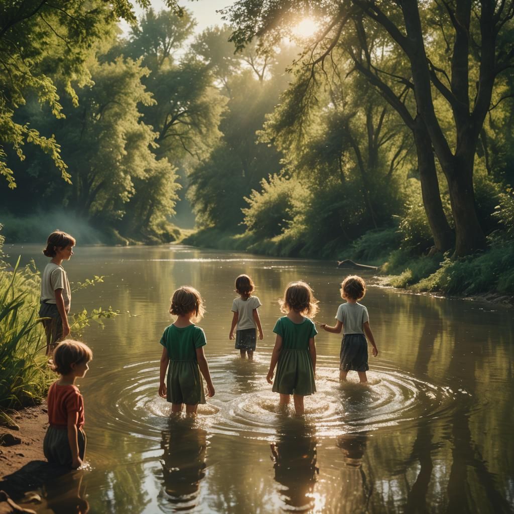 Golden Hour Riverbank Scene in Magic Realism Style