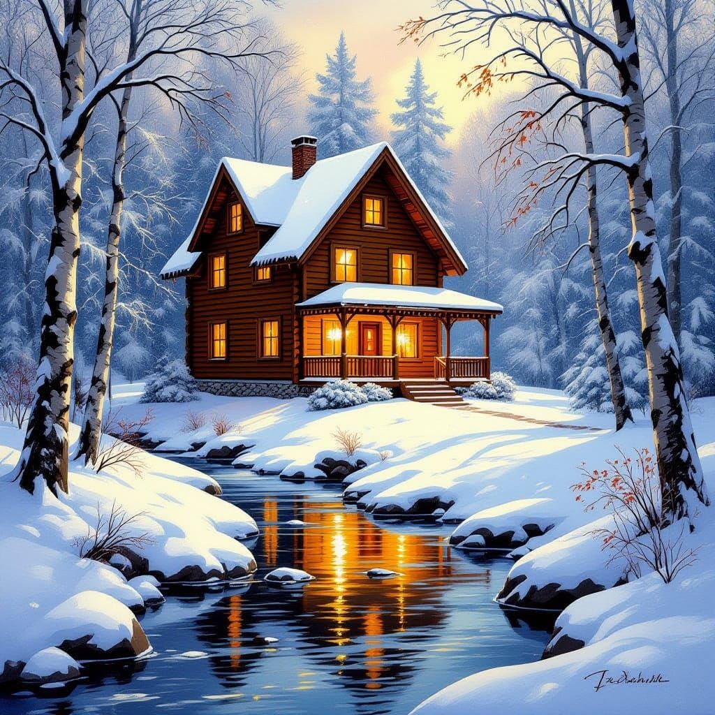 Cozy Snowbound Cabin with Warm Interior Light