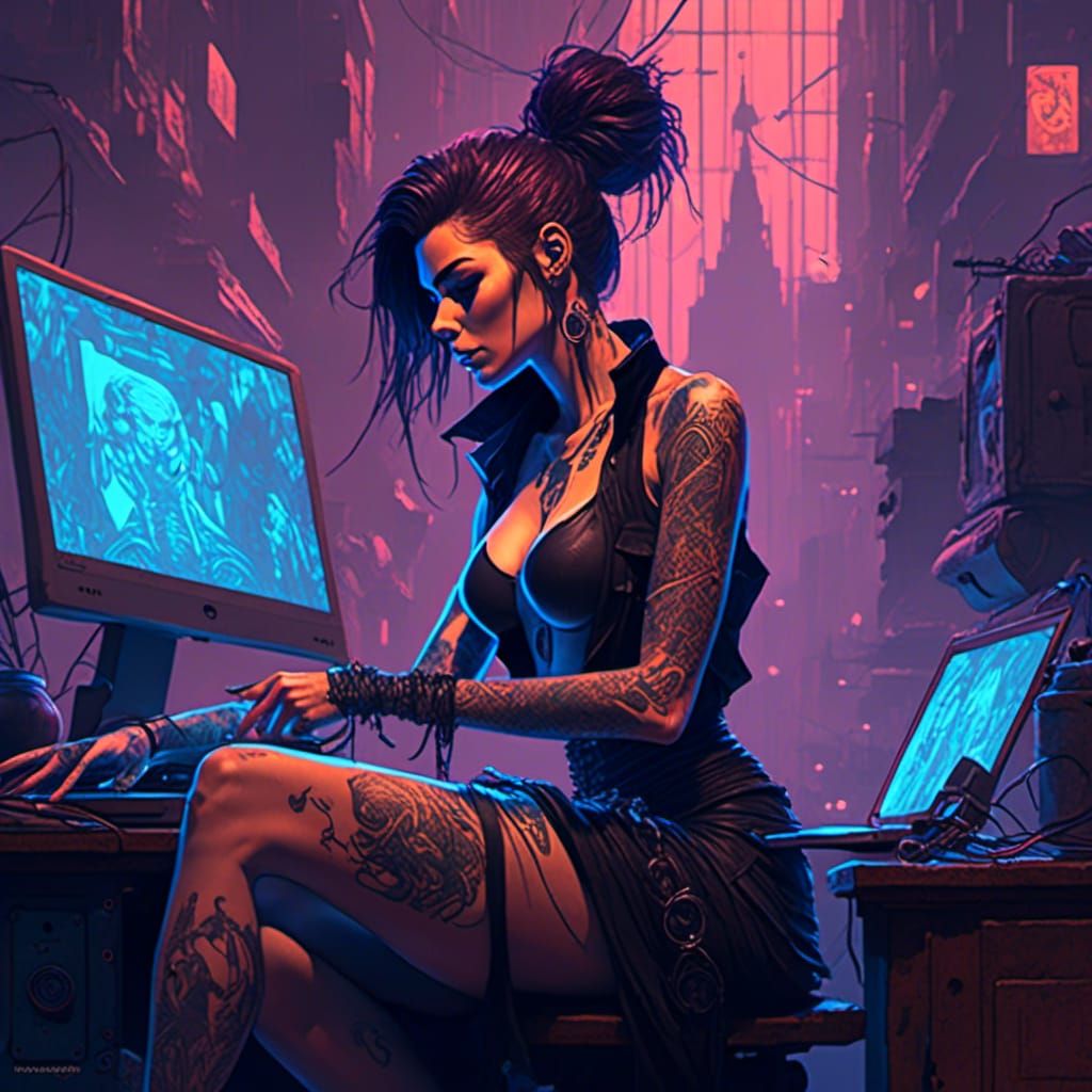 Cyberpunk Woman with Laptop in Tattoo Art Style