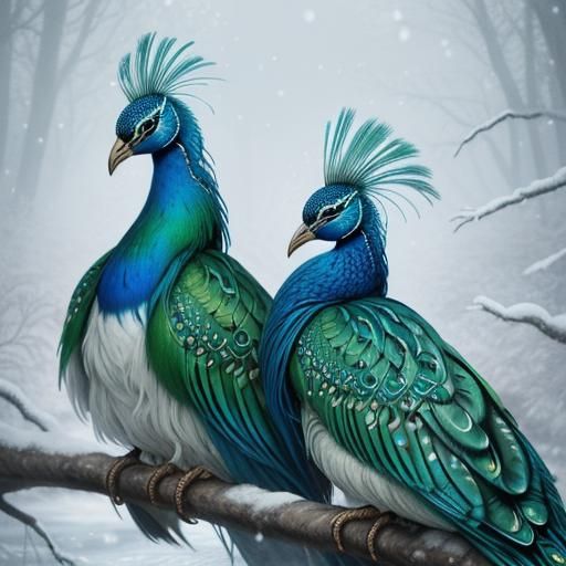 Fantasy Peacocks on Snowy Log: Whimsical Illustration