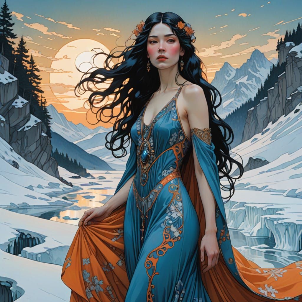 Mystical Ice World Girl in Bright Blue Dress