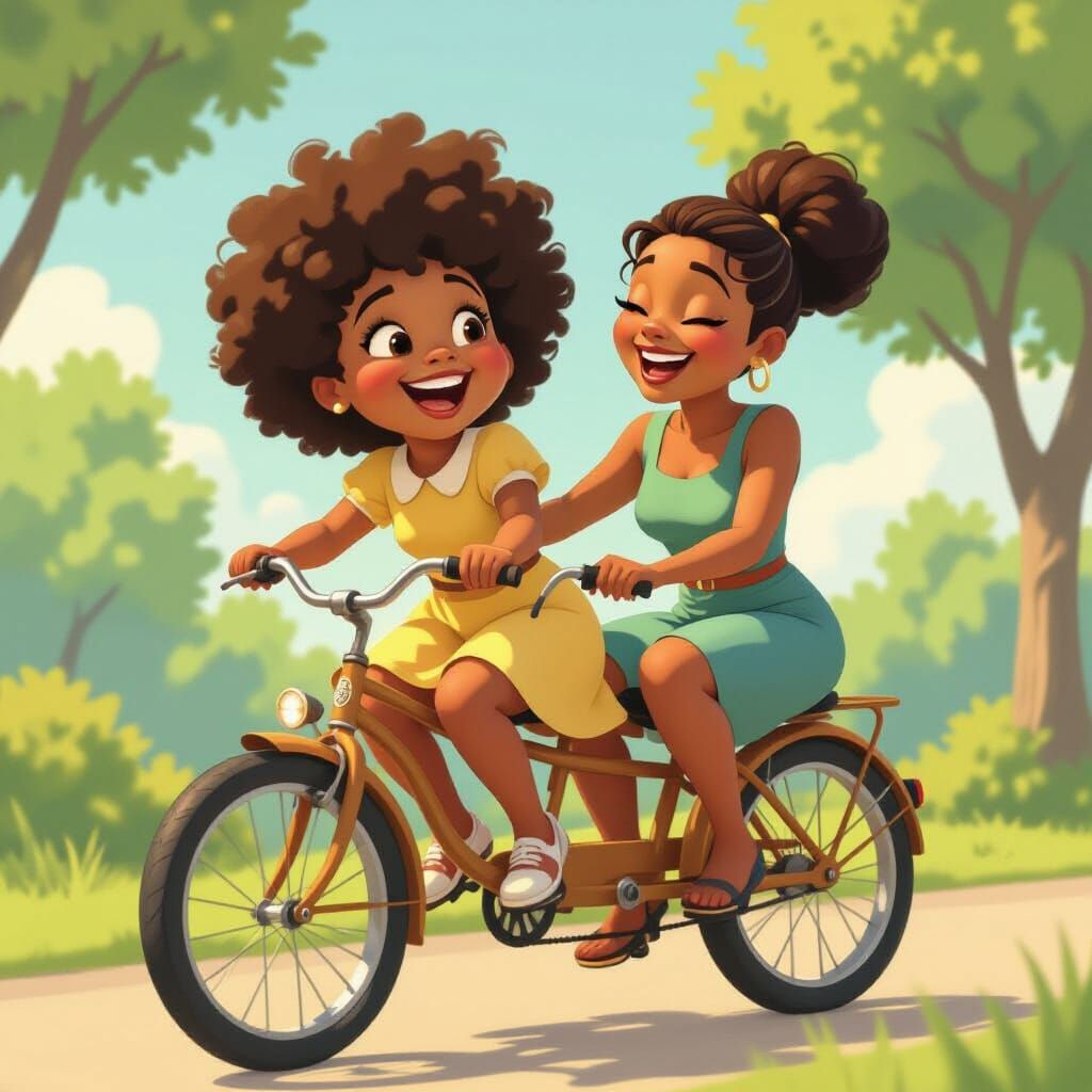 Girl and Mother on Bicycle in Animation Cel Style