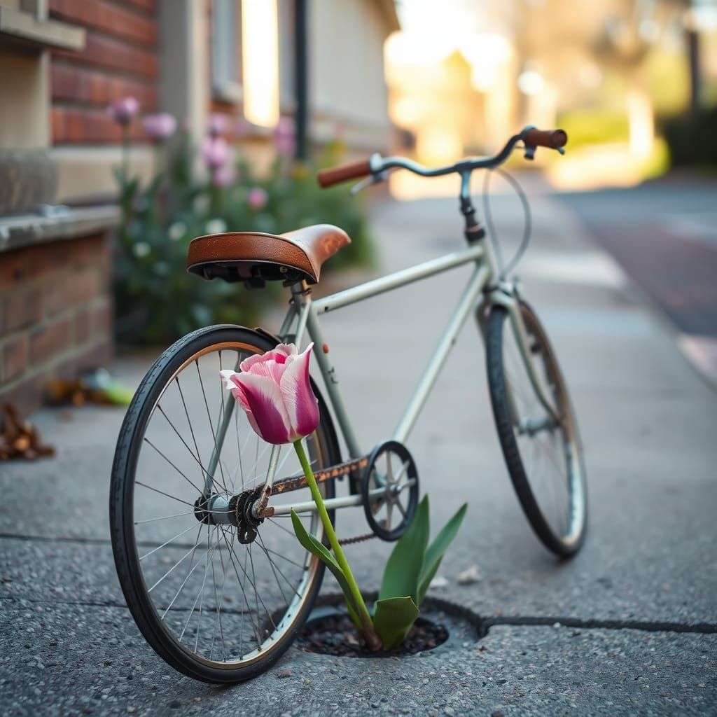 Vintage Bicycle Finds Solace Among a Vibrant Pink Tulip