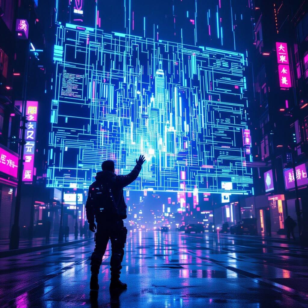 Cyberpunk Man Reaches Holographic City Display