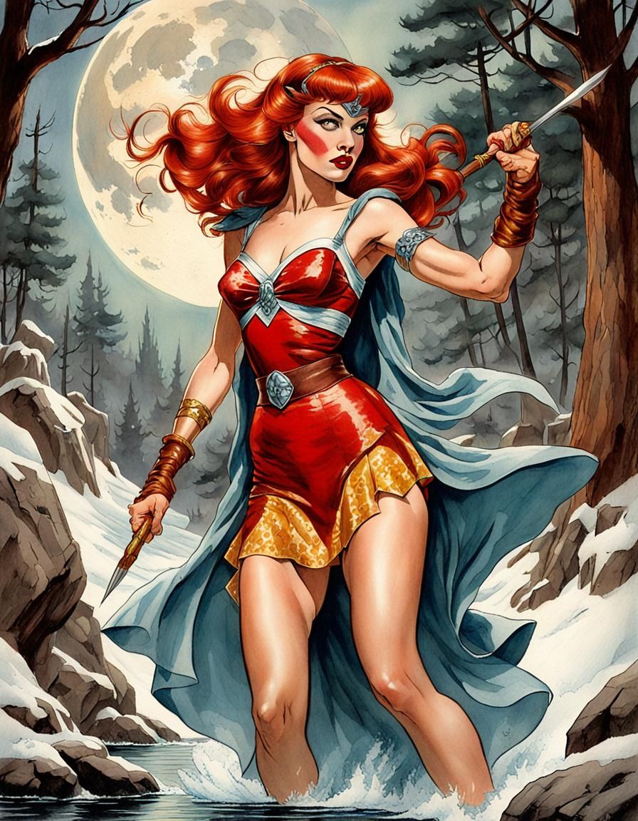 Red Sonja Pin-Up Girl in Watercolor Style