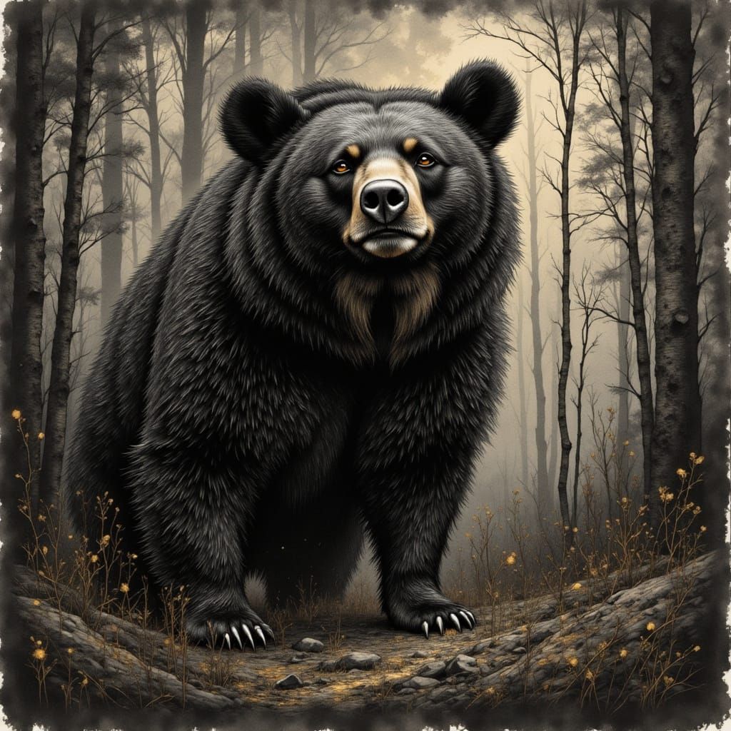 Black Bear in Misty Forest: Charcoal and Ink Sketch