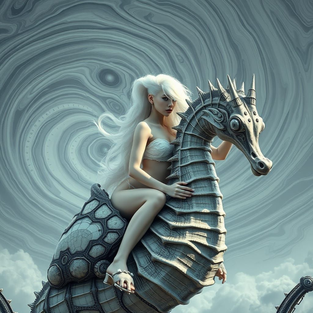 Ethereal Albino Siren Rides Majestic Seahorse Amidst Cosmic ...