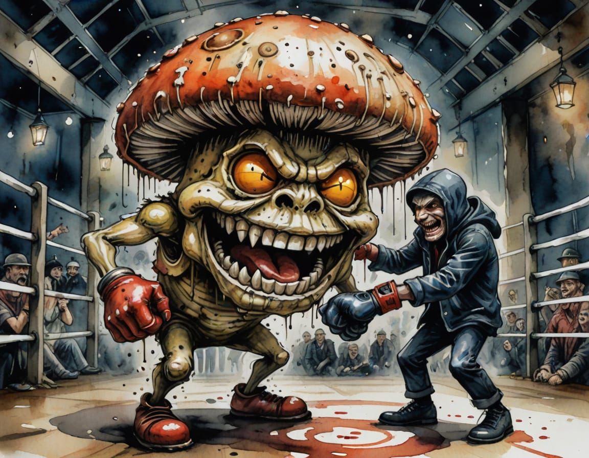 Mushroom Wrestler in the Ring, Watercolor Art