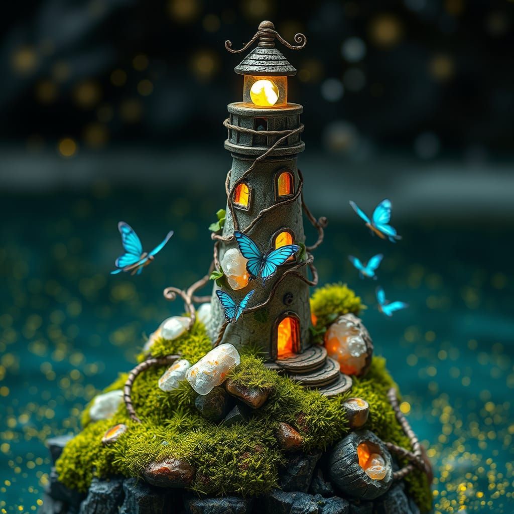 Fairy Lighthouse with Glowing Geodes and Bioluminescent Vine...