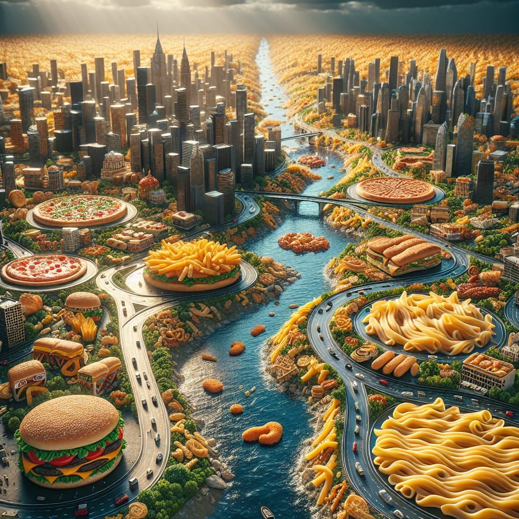 Hyperrealistic Food Cityscape in Digital Matte Painting