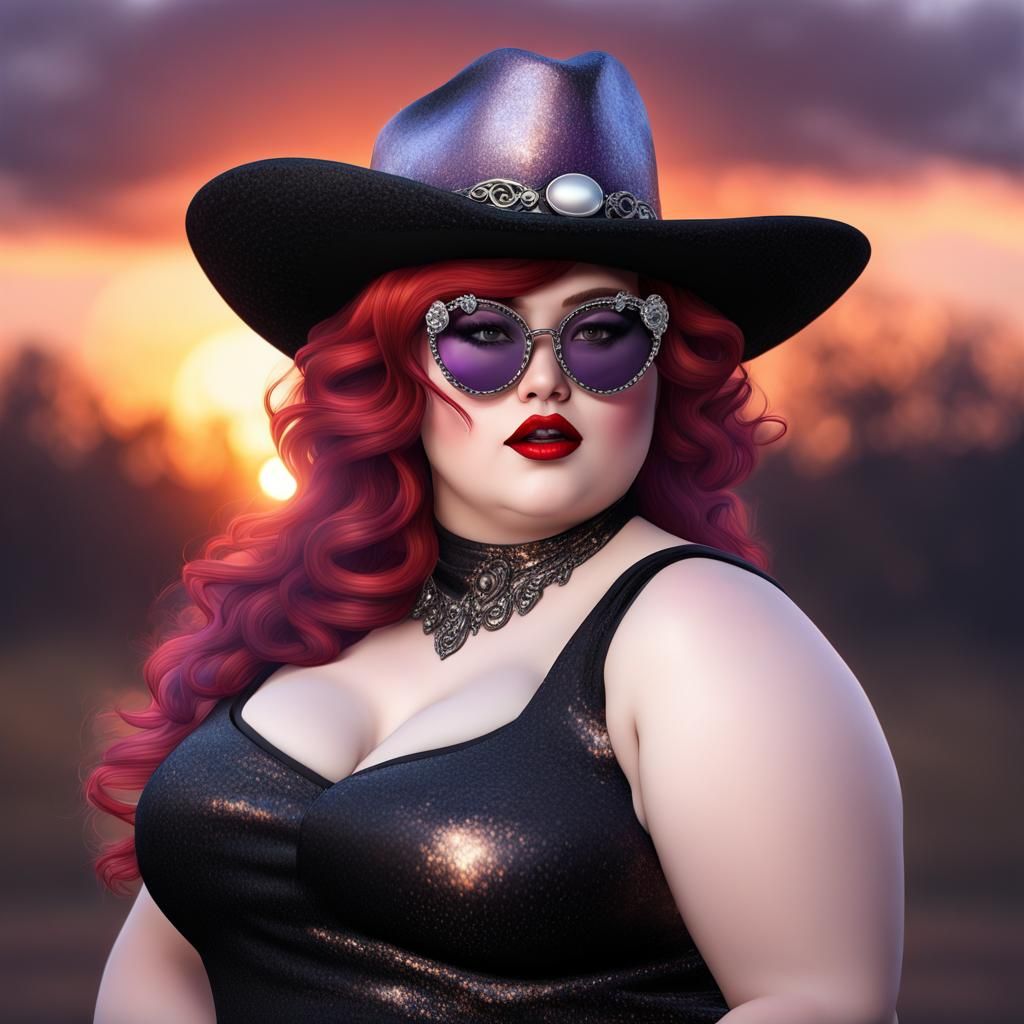 Playful Curvy Woman in Cowgirl Hat, Hyperrealistic Art