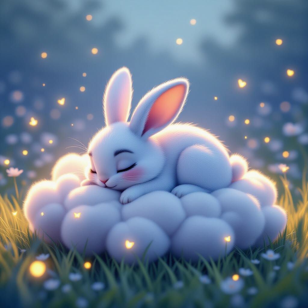Fluffy Pastel Bunny Napping on a Dreamy Cloud