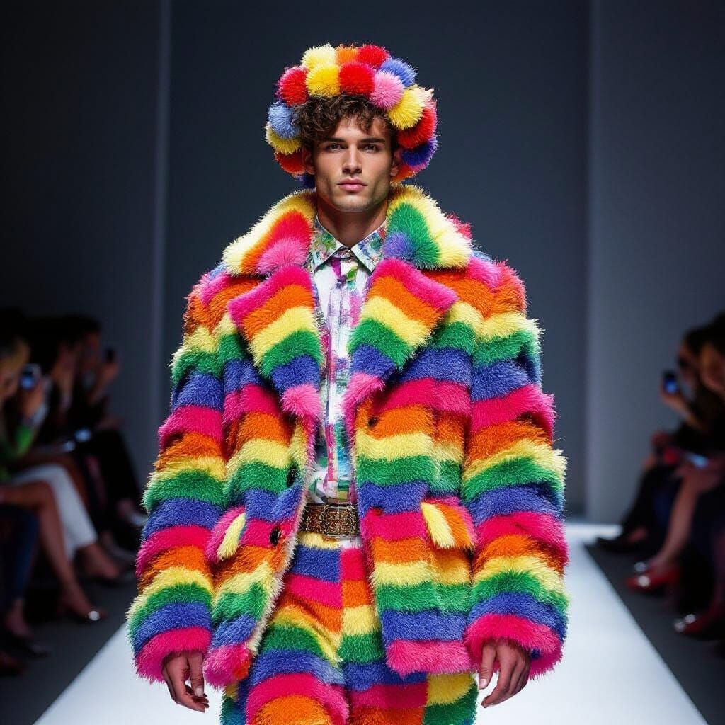 Rainbow Pom Pom Outfit on Fashion Model