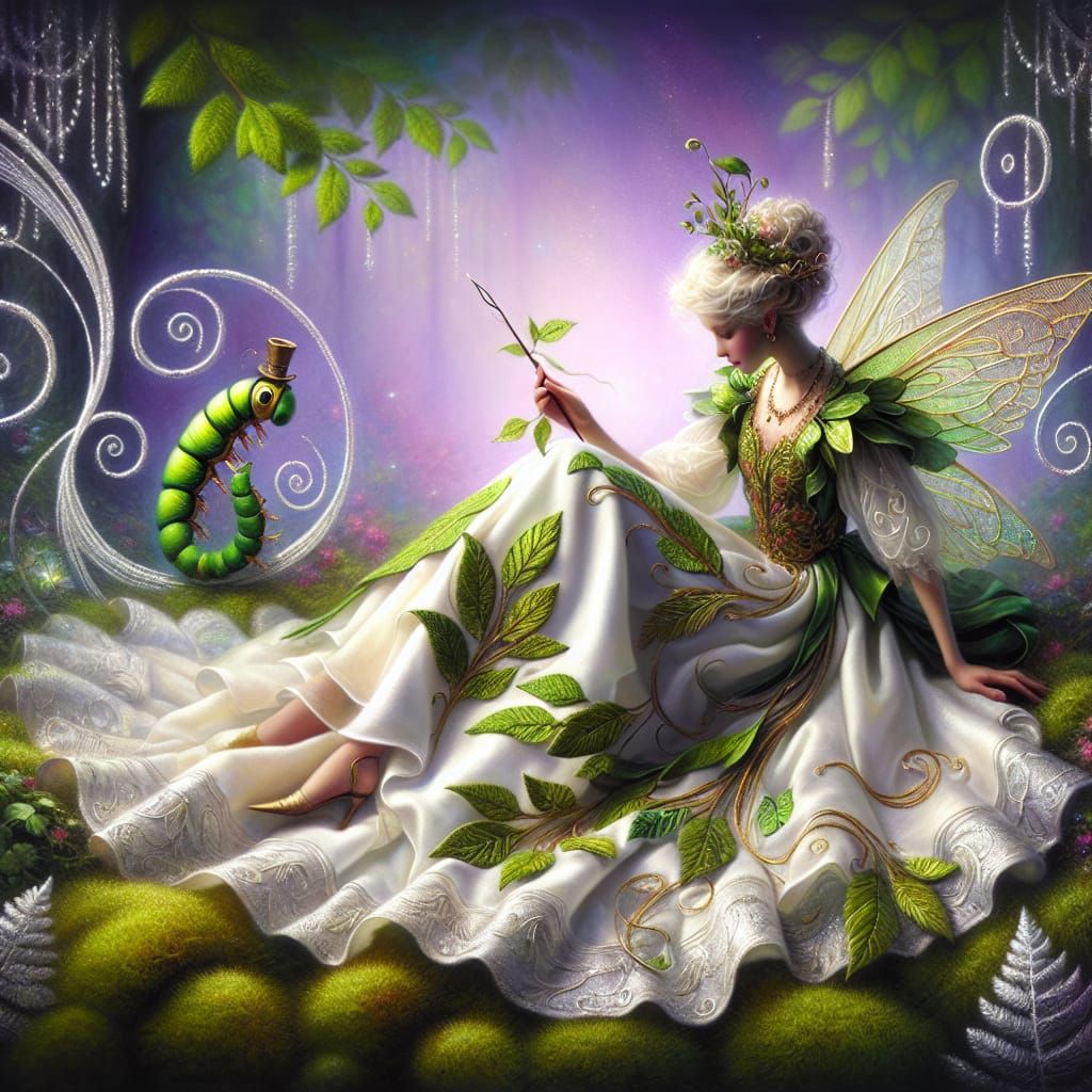 Enchanting Fairy in Velvet Gown Surrounded by Whimsical Fore...