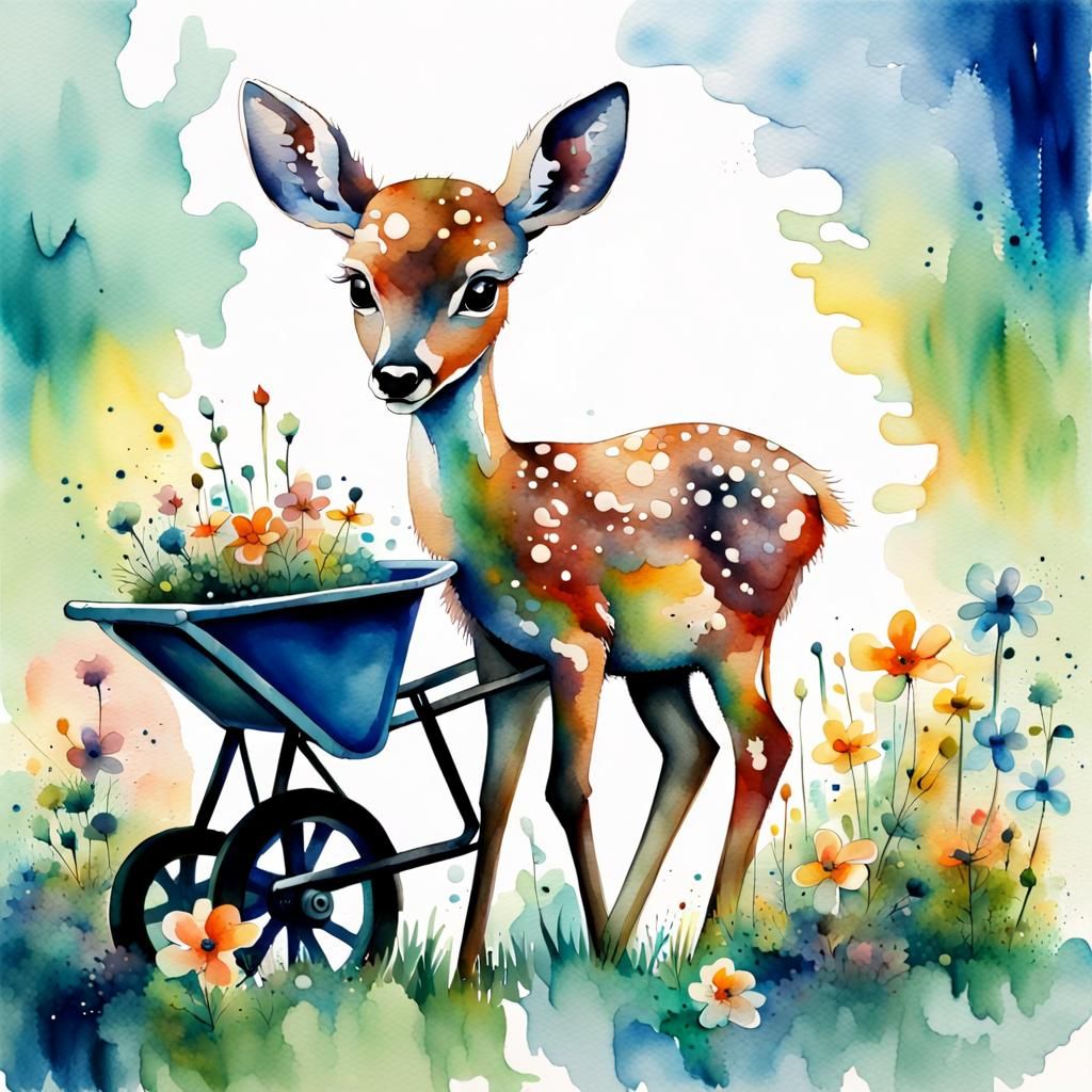 Watercolor Fawn Playing in Flower Garden