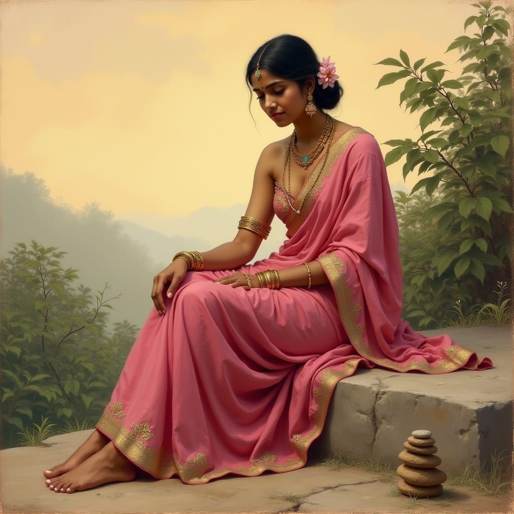 Ravi Varma painting style: A young woman, likely South Asian, in her late teens or early twenties, sits barefoot on a ro...