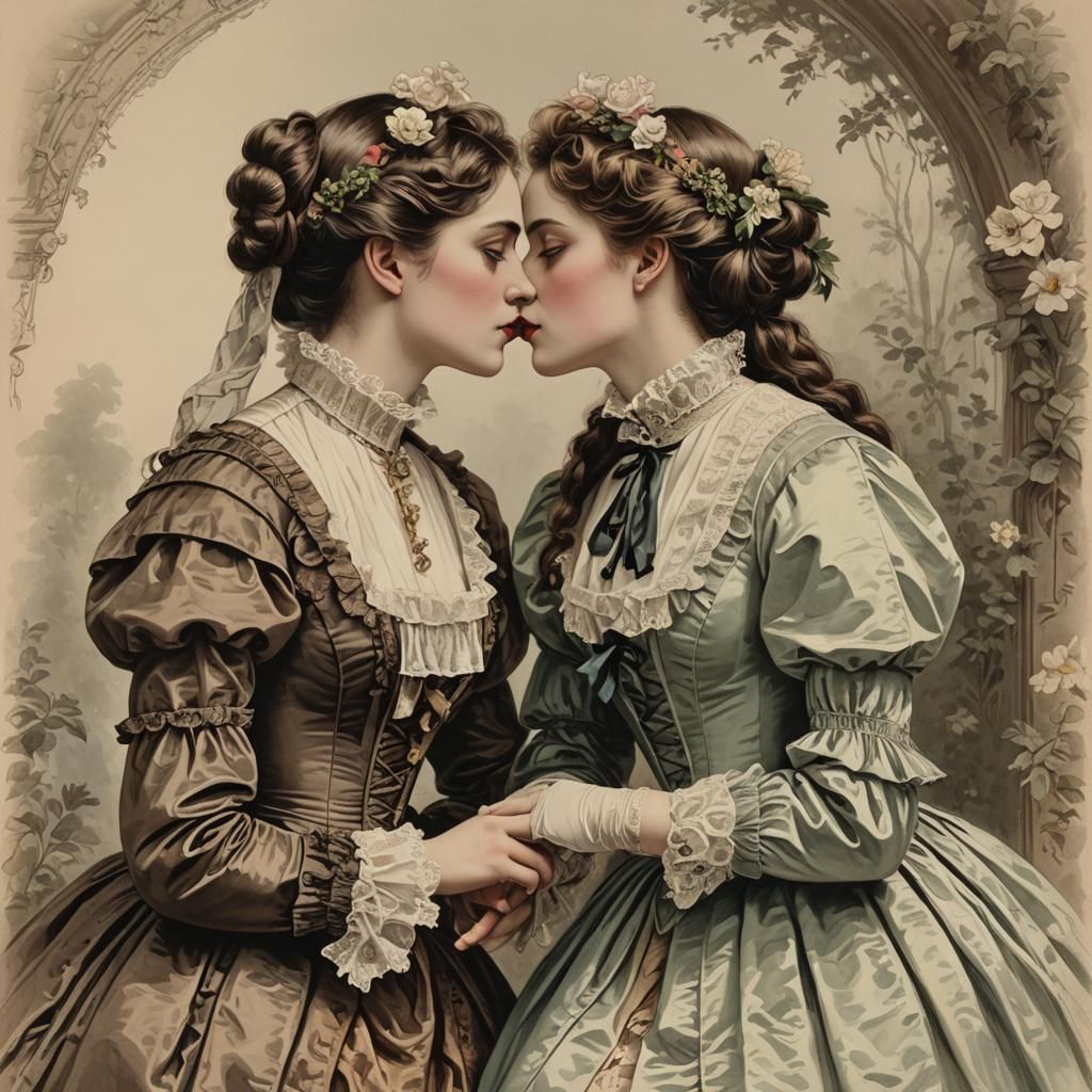 Victorian Era Girls in Rococo Dresses Kissing