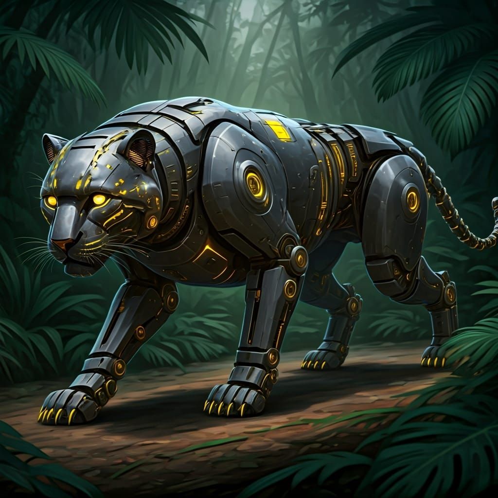 Sleek Biomechanical Leopard Stalks Jungle in Futuristic Styl...