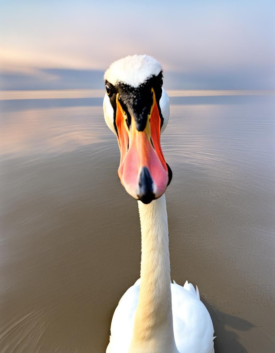 Swan Looking Up on the Beach