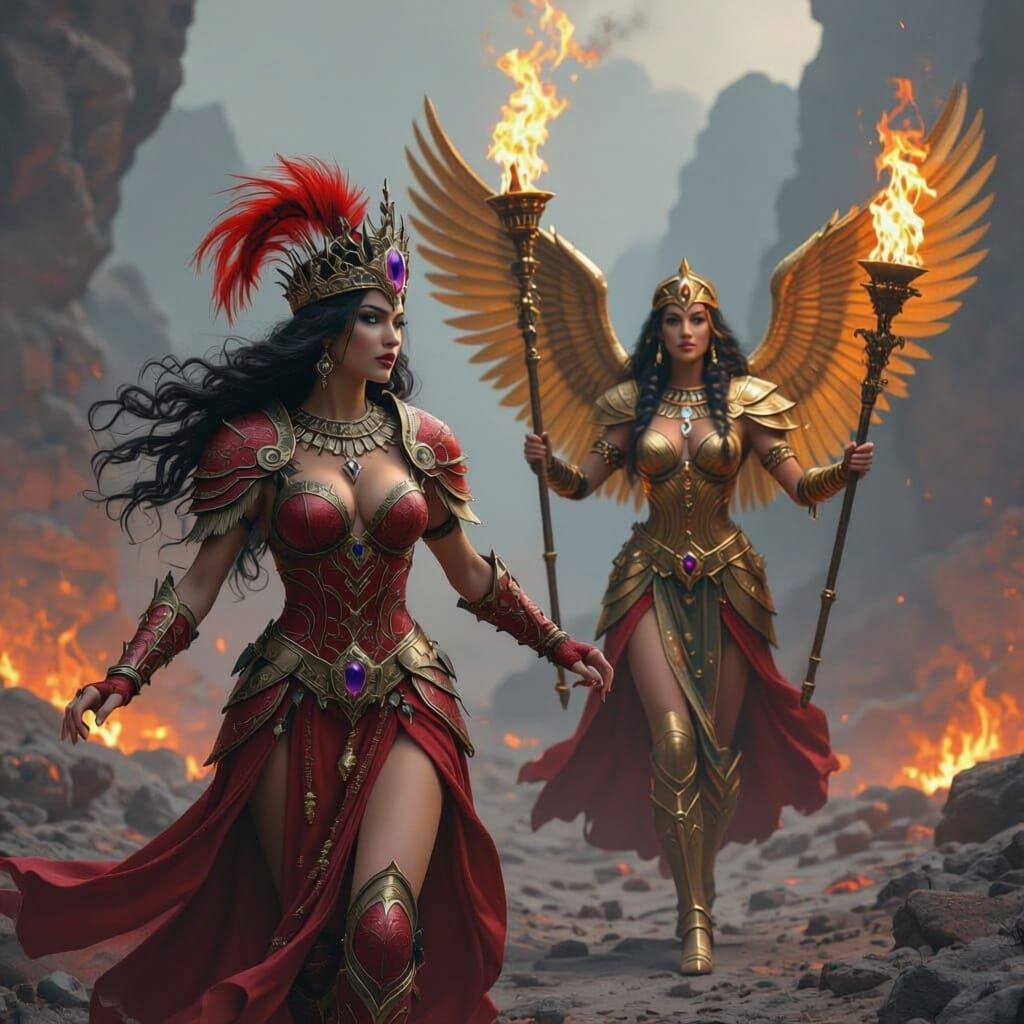 Fantasy Battle: Lady Darkness Flees Winged Warrior