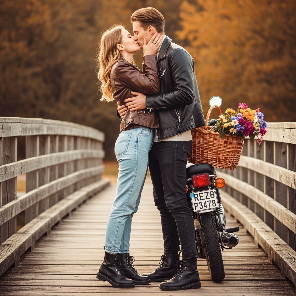 Romantic Autumn Kiss on Weathered Bridge