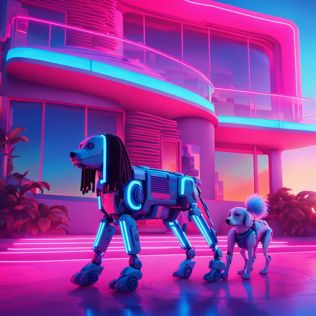 Synthwave Child with Robotic Dog in Neon City