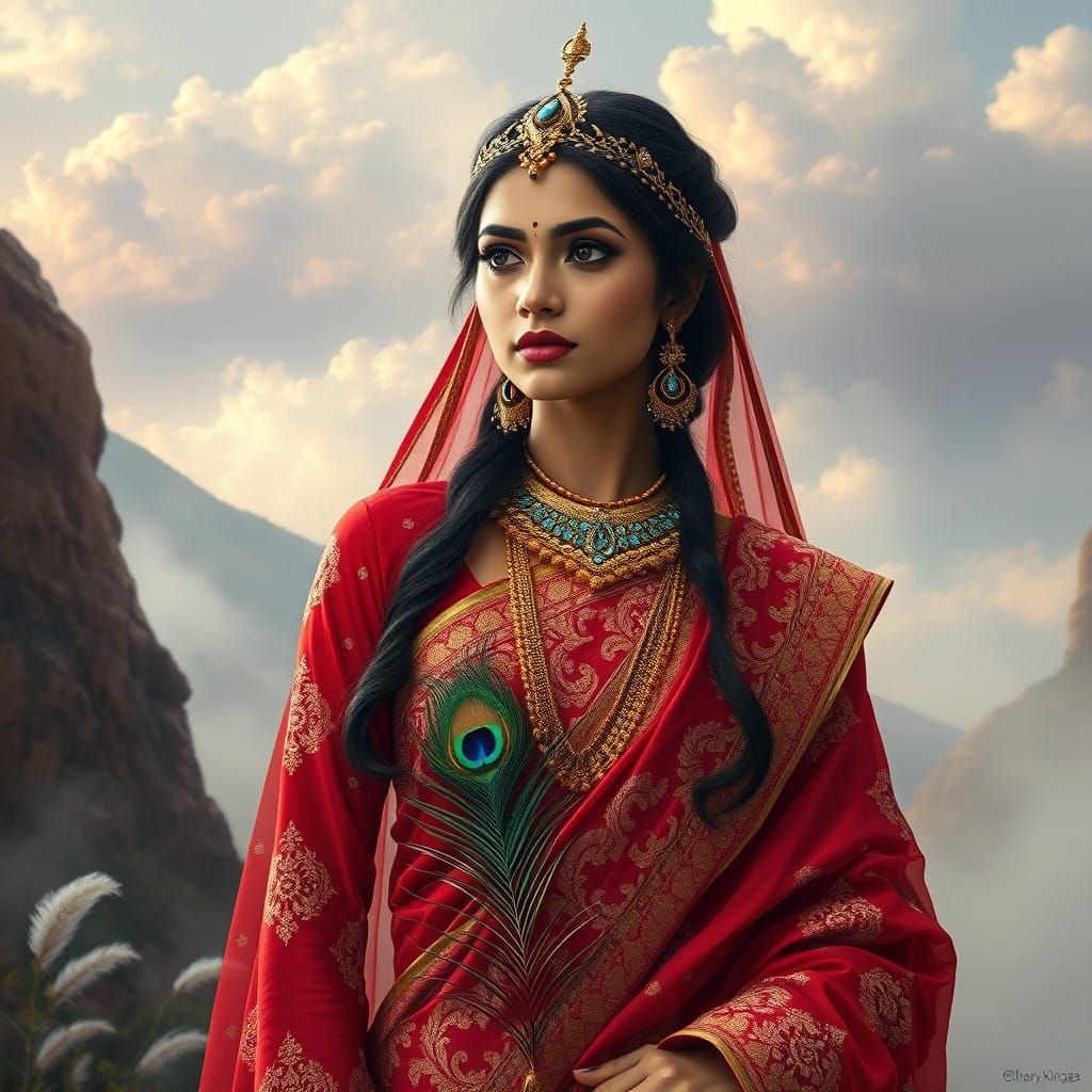 Majestic Indian Princess in Whimsical Landscape